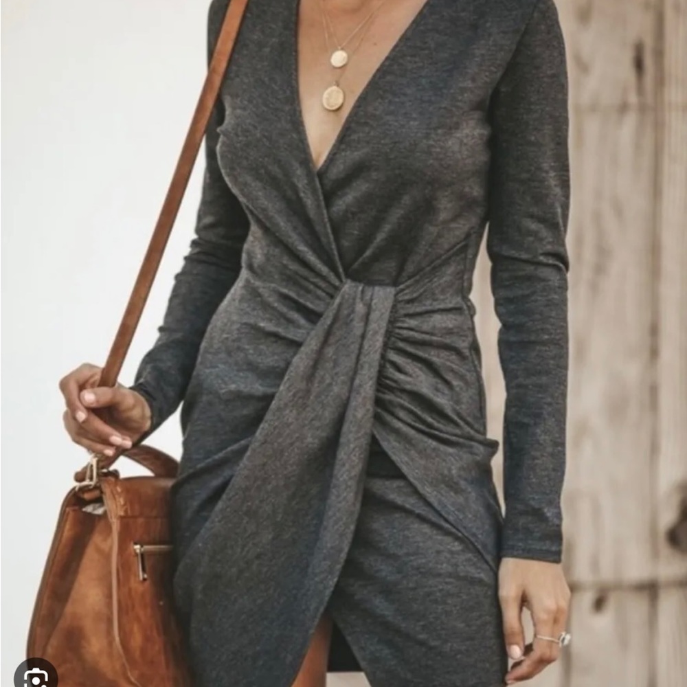 VICI Collection Love Me Knot dress in caramel/brown. Shown in gray on model sz L
